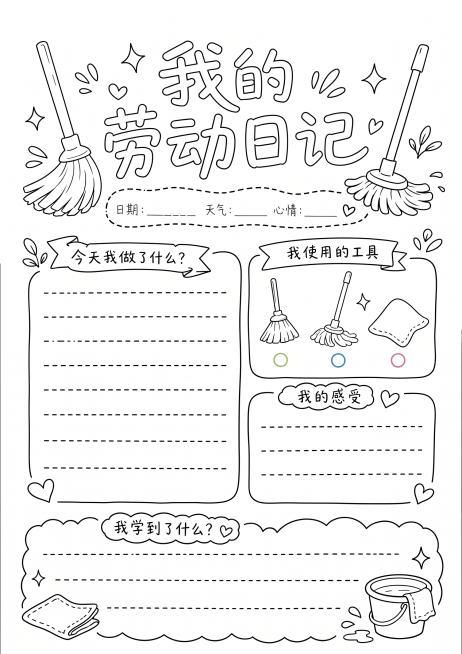 将这张我的劳动日记手抄报转为线稿图，保留所有元素和轮廓，只保留线条，去除所有填充颜色预览效果