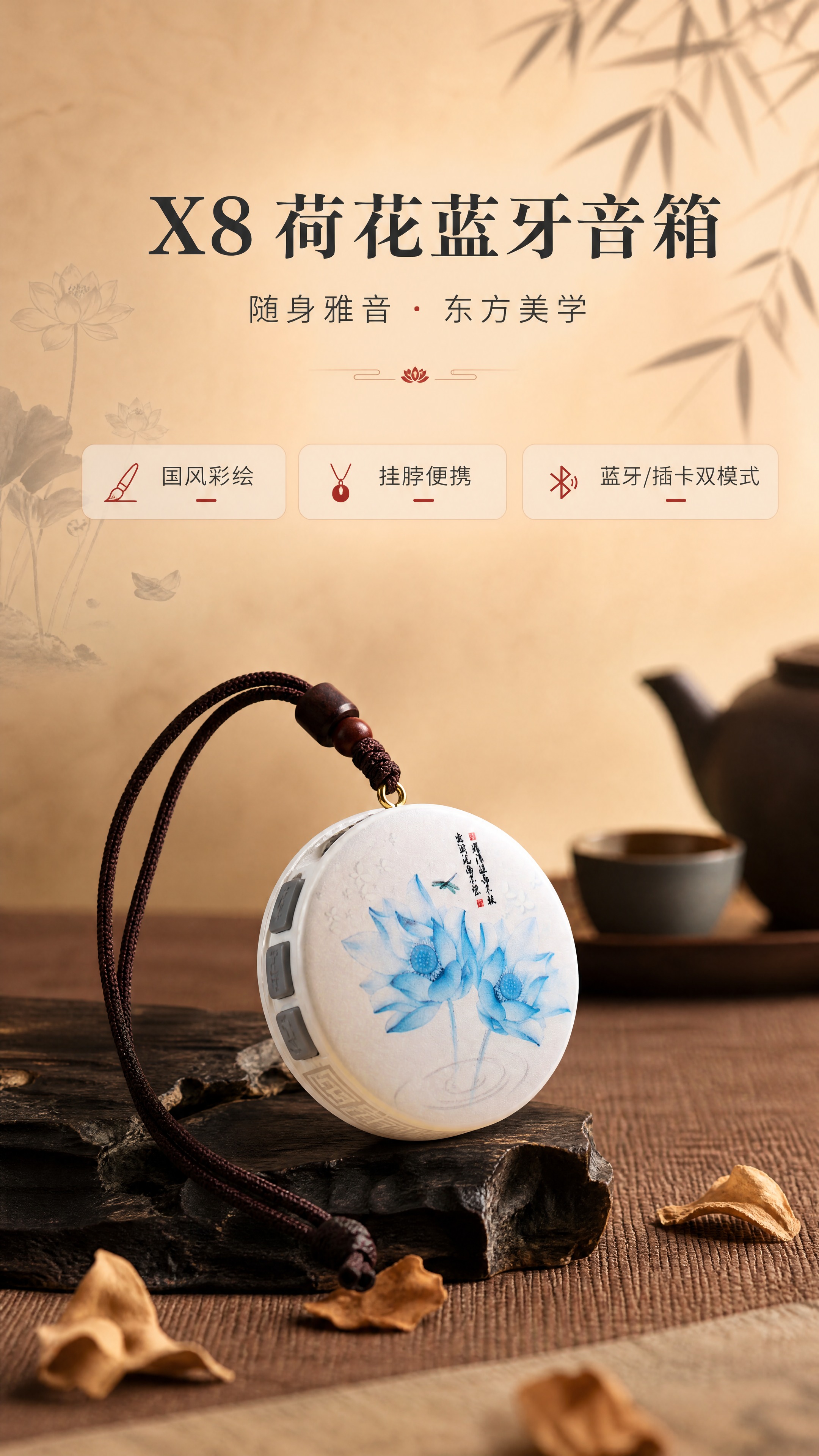 [商品] 使用【图4】蓝荷水墨款荷花蓝牙音箱；保留圆形39mm… - 图片创意预览