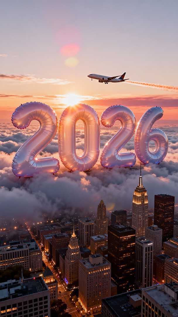气球质感巨型 “2026” 立在云层，顶沐阳光、下面是灯火通明的都市建筑场景，上面客机掠过，光晕交织晚霞色调