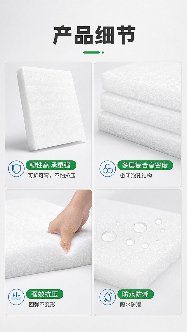 以用户上传的产品图作为唯一外观参考，严格复刻产品原貌。产品外观锁定描述：白色EPE珍珠棉板材，细密泡孔材质，方正矩形板材，表面细腻有光泽，边缘整齐切面均匀，纯白色，多层堆叠时层次分明，厚度均匀，无Logo无包装。保持产品品类、轮廓、比例、结构、颜色、材质、表面工艺和可见细节不变。

电商详情页第3张-产品细节四宫格页，9:16竖版，工业简约商业摄影风。顶部大标题，下方2x2四宫格布局，四个方格各展示一个细节卖点，每格内有白色珍珠棉产品图+小标题+简短说明。左上格：板材倾斜靠放展示韧性，配文字"韧性高 承重强"和"可折可弯，不怕挤压"；右上格：板材截面特写展示高密度泡孔，配文字"多层复合高密度"和"密闭泡孔结构"；左下格：手按压板材回弹示意展示抗压，配文字"强效抗压"和"回弹不变形"；右下格：水珠在板材表面滚落展示防水，配文字"防水防潮"和"隔水防潮"。四格间有细灰线分隔。背景为浅灰白渐变。

文字内容（全部横向排版）：顶部主标题"产品细节"（粗黑体深炭灰色）。四宫格各有小标题和说明文字。

套系视觉：风格=工业简约商业摄影风；标题字=粗黑体厚重有力；正文字=简洁无衬线体；主色=纯白+浅灰；背景=浅灰白渐变；强调色=绿色模块标签+科技蓝图标；标题色=深炭灰；正文色=中灰；光影=左前侧柔光，每格内产品有自然投影。

负向提示：产品变形、颜色变黄变灰、泡孔结构失真、文字竖排或旋转、文字过小、背景杂乱、水印、二维码、产品变红变黑。