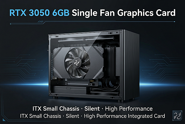 亚马逊A+详情页1，主体为单风扇RTX3050 6GB显卡整机，上标题、中产品、下slogan构图，黑灰科技渐变背景，文案：RTX 3050 6GB Single Fan Graphics Card | ITX Small Chassis · Silent · High Performance Integrated Card，品牌开篇风格，黑灰+科技蓝，高清写实，无水印、价格、亚马逊logo、促销文字