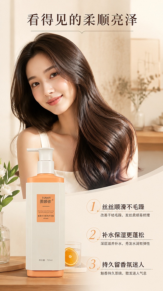 [第4屏] 详情页真人效果屏-图娜依魅香补水柔亮护发霜模特发丝效果展示。本屏使用【图1】作为商品主体。
[氛围/风格] 自然生活氛围感，温暖柔和，真实商业摄影质感。
[元素布局] 画面上半部分是亚洲女性半身模特，展示披肩长发，突出使用产品后柔顺亮泽有光泽的发尾；产品放置在画面下半部分左侧，右侧区域放置三个编号利益点，模特发丝自然舒展，产品外观和包装与输入图一致。
[光影质感] 左侧自然日光，发丝呈现自然光泽，产品柔和阴影，整体氛围温暖通透，突出发丝质感。
[配色色系] 全局底色 #F8F4EF，主色自然浅棕发丝色，辅助色产品暖橙色。
[视角构图] 上模特下产品的结合式构图，产品和模特自然融合，不生硬分割，景深适中，主体清晰。
[文字版式] 顶部主标题「看得见的柔顺亮泽」，右侧三个编号利益点：1 丝丝顺滑不毛躁；2 补水保湿更蓬松；3 持久留香氛迷人。文字排版整齐，不遮挡模特发丝和产品主体，字体清晰可读。
[比例分辨率] 9:16 竖版比例，4K分辨率，文字清晰可辨，高清画质。
[负向提示词] 产品变形，颜色偏差，人物姿态怪异，发丝模糊，文字遮挡主体，水印，背景杂乱。