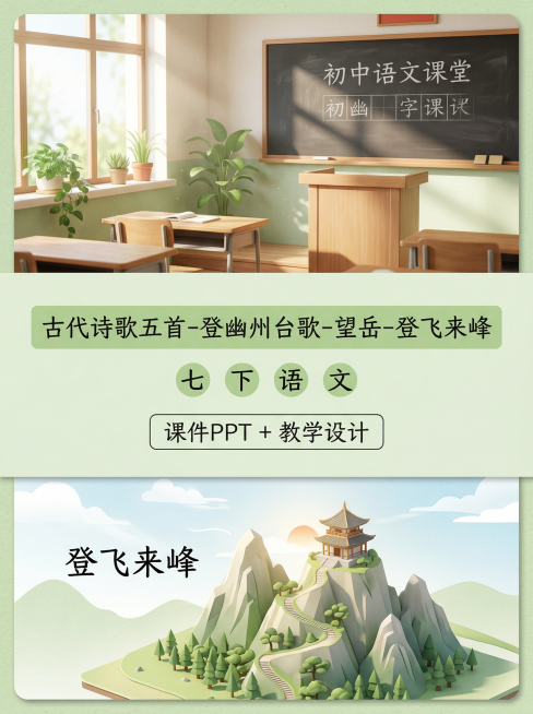 上区占1/8，呈现阳光洒落的初中语文课堂意境，有绿植和复古黑板；中区占3/8为视觉焦点，独立浅绿背景，第一行色框填充工整手写字体写“古代诗歌五首-登幽州台歌-望岳-登飞来峰”，第二行每个文字居中排布写预览效果