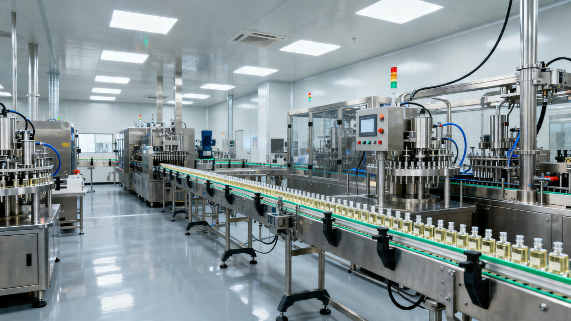 现代化香水生产车间内部，洁净明亮的环境，自动化精密香水灌装生产线，工业感十足的设备，规整有序的生产流程，高品质写实风格，工业摄影质感预览效果