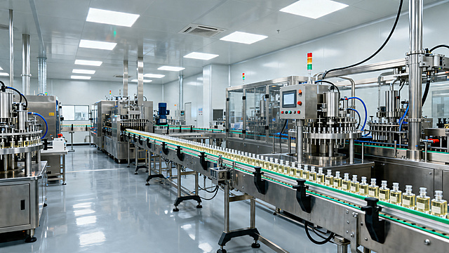 现代化香水生产车间内部，洁净明亮的环境，自动化精密香水灌装生产线，工业感十足的设备，规整有序的生产流程，高品质写实风格，工业摄影质感