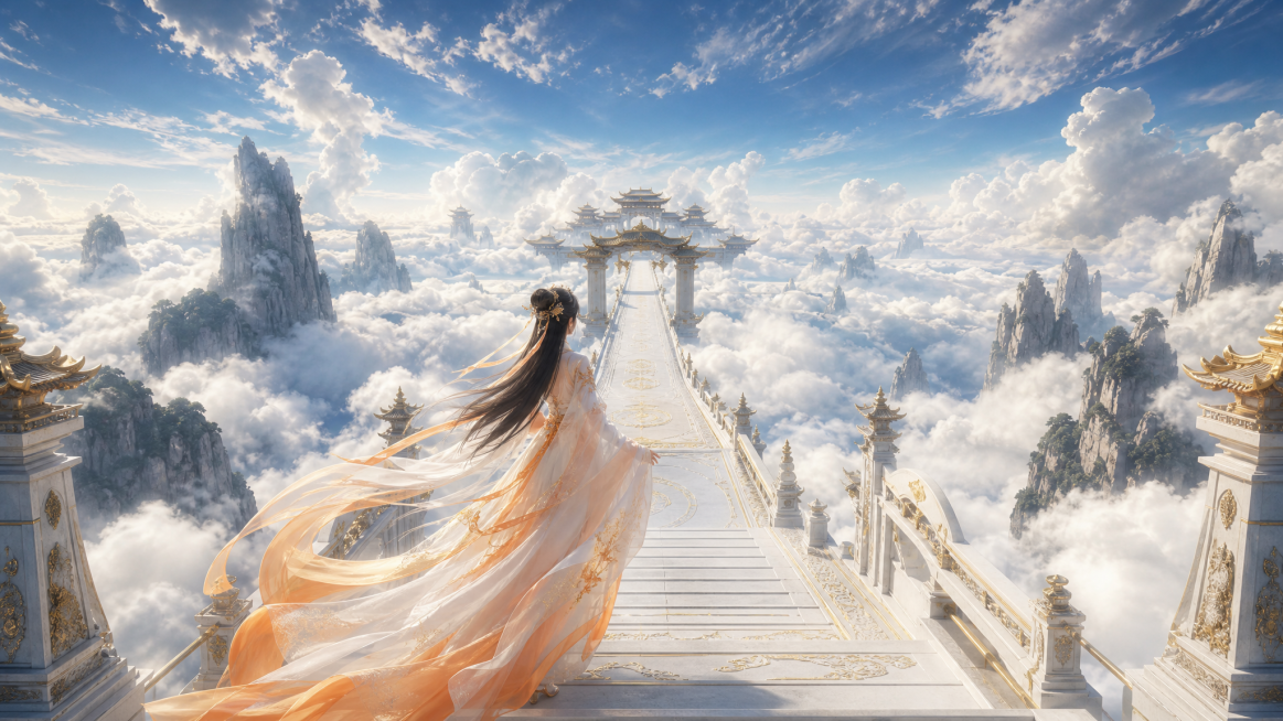 横屏16:9对称纵深俯瞰画面，云海天宫天阶，古装白橙渐变长裙女子缓步向前，衣袂随风大幅垂落飘动。背景是云海翻涌，奇峰矗立，澄澈蓝天，动态流云缓缓流动，光影层次变化。UE5电影级质感，恢弘仙气氛围，8K预览效果