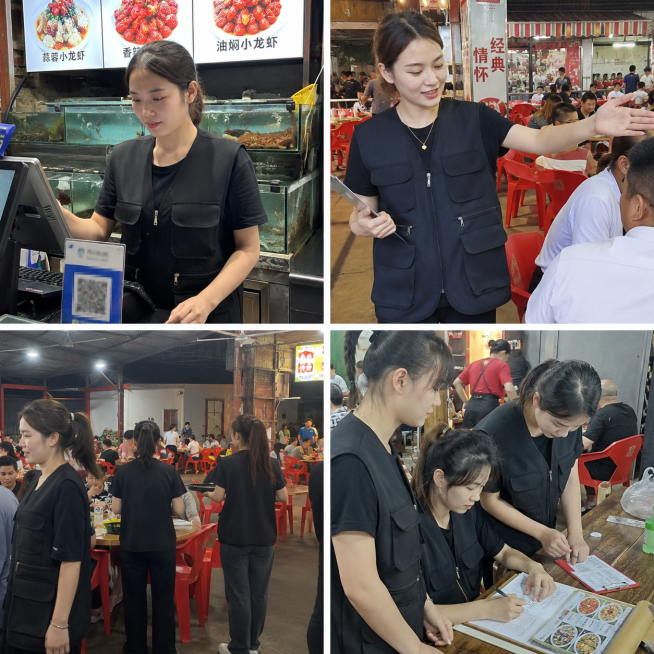 一张四格拼图，整体是小龙虾大排档场景的买家秀实拍图，展示女服务员穿着参考图中黑色多口袋拉链马甲，领子、袖口、扣子和产品图一致，手机随手拍摄影风格，像素清晰，光影自然，人物结构正常，普通人颜值，完美双手预览效果