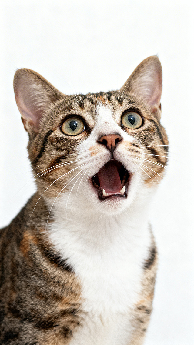 一只露出震惊表情的花猫，白色背景，真实照片风格