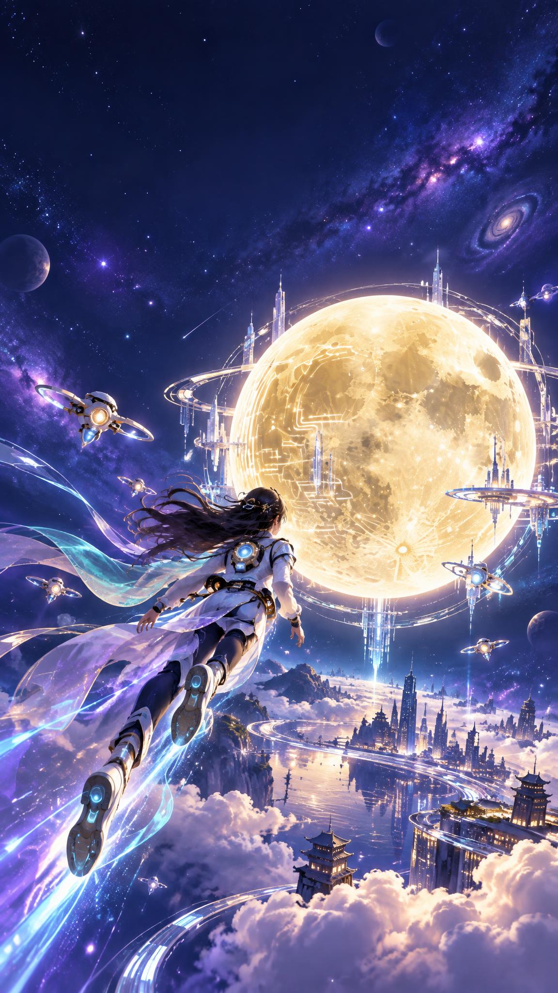 中秋节科技主题平面插画海报，竖版9:16构图，画面顶部预留大面… - 图片创意预览