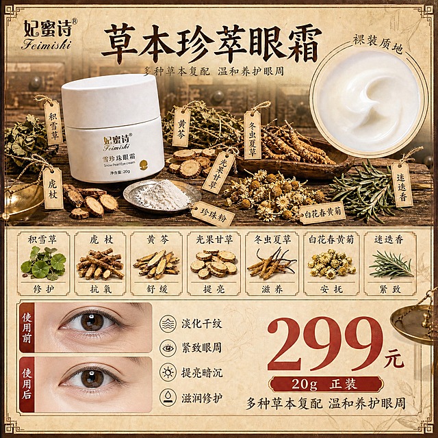 基于这张草本珍萃眼霜主图，将左下角的使用前后对比图从手部皮肤替换成人的眼周部位对比。保持整张图的其他所有元素完全不变：顶部品牌和主标题、产品瓶身、周围晒干草本药材、成分卡片、右侧裸装质地圆形图、右侧价格299元、四个功效图标文字、整体中药复古风格背景和配色全部保留不变。只修改左下角的对比区域：上方图标注'使用前'，展示人眼周有干纹暗沉的状态；下方图标注'使用后'，展示同一人眼周皮肤更紧致有光泽、干纹淡化的状态。对比图为眼部特写，同角度同光线，自然真实不夸张，符合美妆合规要求。整体画面比例1:1，中药复古米黄棕色调统一，文字清晰可读。