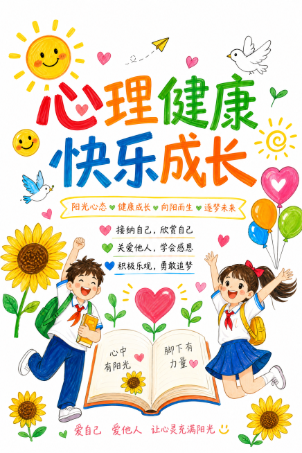心理健康快乐成长海报，简化底色为纯白色底，保留马克笔手绘风格，去掉多余彩色背景色块，保持马克笔线条和色彩质感，保留标题"心理健康快乐成长"和向日葵等装饰元素，白底手绘版预览效果