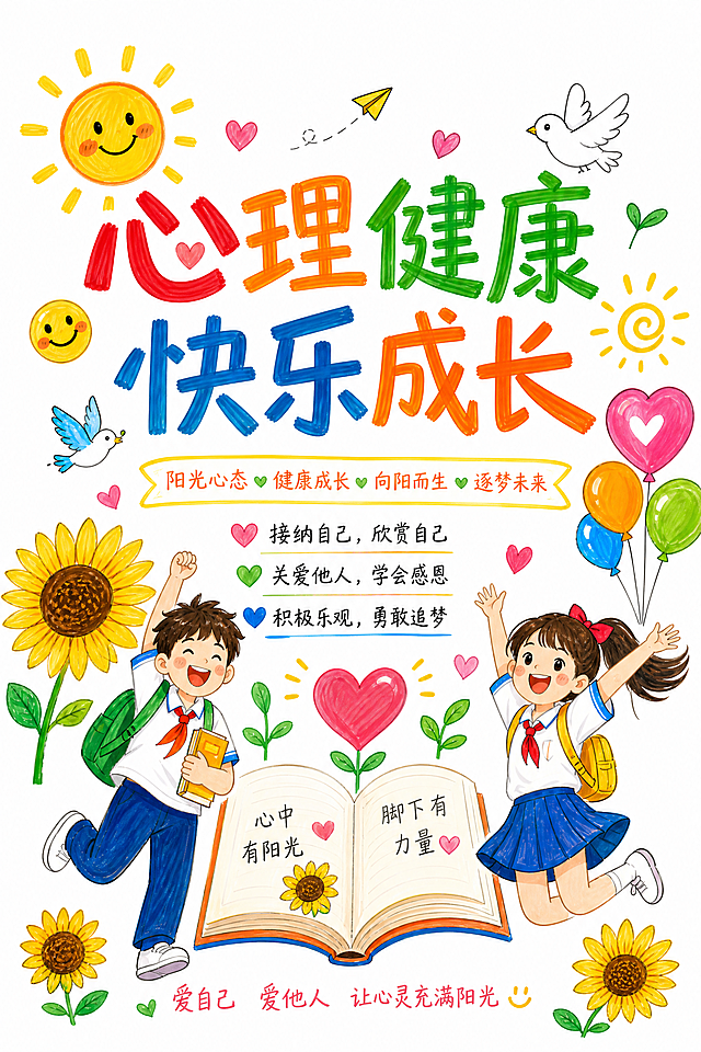心理健康快乐成长海报，简化底色为纯白色底，保留马克笔手绘风格，去掉多余彩色背景色块，保持马克笔线条和色彩质感，保留标题"心理健康快乐成长"和向日葵等装饰元素，白底手绘版