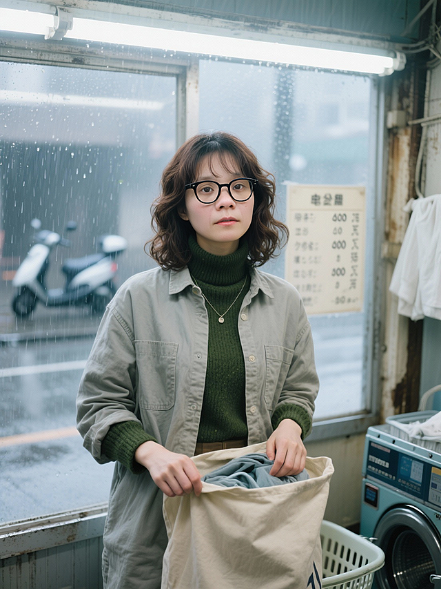 胶片风质感，东亚街头日常场景，雨中洗衣店的质朴与文艺交织，柔和光影勾勒出舒适氛围，工业元素与自然光共舞，展现生活本真之美。