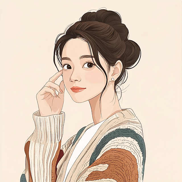 将图片中的手指改为正常手指和合适动作，把耳环改成小珍珠耳钉，整体绘画风格改为韩系扁平插画风格，保留其他内容不变