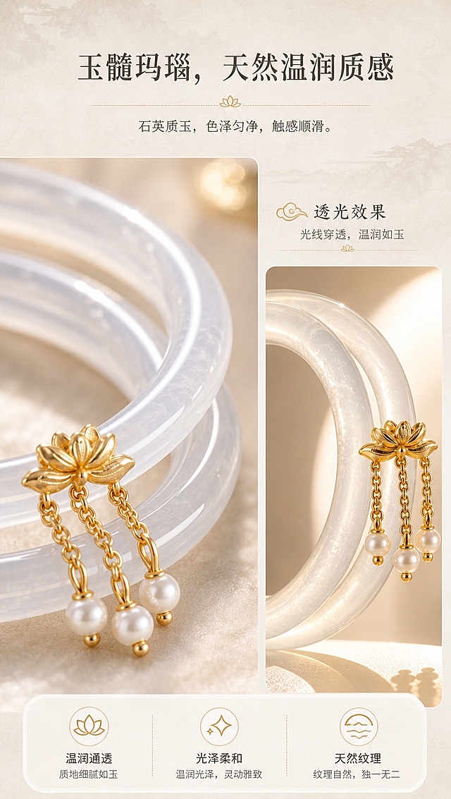 [商品] 使用【图1】冰润白玉髓成对手镯，带珍珠莲花银扣；保留双镯结构、白玉清透白色、金色莲花卡扣、珍珠流苏、圆条镯型；增强玉髓内部通透纹理和光泽层次，不改变商品结构与颜色。
[画面] 页面目标：材质细节展示，突出玉髓通透感与天然温润质感。构图：左侧镯身大特写，右侧透光效果图（光线穿透镯身呈现温润光晕），左右分栏，产品占画面约70%。景别：微距特写。阅读动线：从左至右，先看镯身质感再看透光效果。前中后景：前景镯身表面细腻纹理，中景玉髓内部朦胧结构，背景柔和光晕。
[视觉] 套系策略：风格=中式柔和光影·素雅国风商业摄影；标题字=雅致宋体（纤细优雅）；正文字=简洁无衬线体；主色=月白+米杏；背景延展=基于月白米杏做深浅渐变、宣纸纹理、朦胧柔光；强调色=暖金色，仅用于小面积装饰线条、图标和点缀；标题色=深墨灰；正文色=中暖灰；组件=细线分割、圆角浅底信息卡、中式小图标；光影=侧逆光+正面补光，突出通透感，浅景深。
[文字] 上方主标题：玉髓玛瑙，天然温润质感；主标题下方卖点文字：石英质玉，色泽匀净，触感顺滑。文字区位于画面顶部留白处，不遮挡镯身特写；所有文字横排，字号保证手机端清晰可读。
[规格] 图片比例9:16竖版，4K分辨率，淘宝/天猫适配，中文；避免变形、错字、文字过小、冷蓝背景、手镯颜色改变、结构失真、极限词。