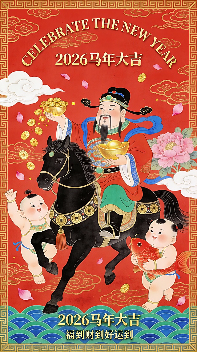 动画风格。主体为财神爷骑骏马（财神爷左手托金元宝，右手抛金币；马具饰流苏及铜钱，呈行走姿态）。马匹两侧有两个福娃（左侧举臂欢呼；右侧怀抱红色锦鲤）。空中飘浮金色铜钱、粉色牡丹花瓣、白色祥云；顶部弧形排列烫金质感的 “CELEBRATE THE NEW YEAR”，下方正中央为 “2026 马年大吉”。底部饰蓝绿色波浪纹样并配有小字 “福到财到好运到”，画面四周设金色中式回纹边框，红色背景。
