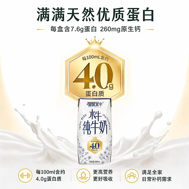 「图片1」「图片1」「图片1」「图片1」「图片1」「图片1」「图片1」，生成详情页（6张），适配拼多多平台，单屏比例为1:1，自动生成商品名称、卖点。商品：甲天下水牛奶，可自动生成商品名称，视觉上突出“4.0g蛋白”的核心记忆点，简约、清新、高端，以品牌黄色+白色为主，点缀金色，突出“高品质”和“天然”感。卖点：
营养：每100ml含3.8g蛋白，每盒200ml含7.8g蛋白、260mg钙。
口感：香浓丝滑，有冰淇淋般的清甜，完全没有奶腥味。
奶源：广西天然牧场，水牛以甘蔗、菠萝为食。
配料：只有生牛乳和生水牛乳，0添加
人群注重孩子营养的宝妈、追求健康的年轻女性、需要补钙的孕妇及中老年、送礼人群。