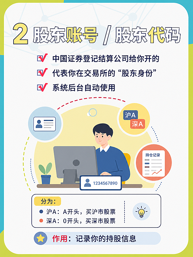 小红书金融科普图文内页，主题是“2股东账号 / 股东代码”，说明：这是中国证券登记结算公司给你开的，代表你在交易所的“股东身份”，分为沪A（A开头买沪市股票）和深A（0开头买深市股票），作用是记录持股，系统后台自动使用。排版清晰，扁平插画风格，色彩清爽，和参考图片风格保持高度一致，3:4比例，不要太花哨，重点突出文字信息。