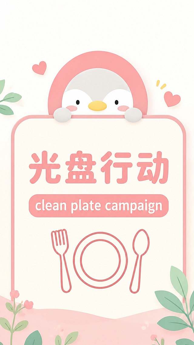 参考原图创作一张画风温柔清新清晰的平面图，保留粉色企鹅、文字'光盘行动'和英文'clean plate campaign'，保留底部餐具图案，风格温柔治愈清新，色彩干净柔和