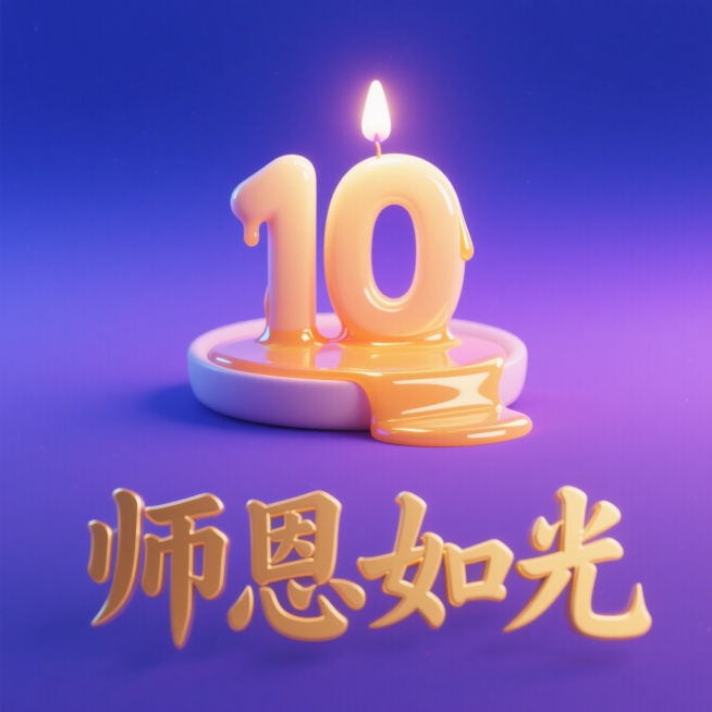 融化的蜡烛的烛油，慢慢汇聚成数字 “10”，背景是深邃而温柔的蓝紫色夜空，蓝色与紫色相互交融，过渡自然，在蜡烛下方，展开着烫金质感的艺术字体 “师恩如光”。字体的笔画粗壮有力，预览效果