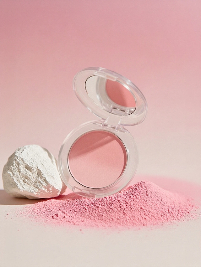 画面中有一块带有粗糙纹理的白色岩石，主体放在粉色粉末上，粉色渐变背景