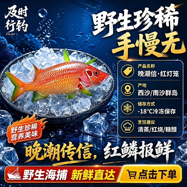 [商品] 使用【图1】野生红灯笼鱼；保留鱼身橙红色鳞片、绿色鱼鳍鱼尾、红色头部斑纹、整体形态结构和颜色；保留左上角"及时行钓"书法Logo；商品处理：增强鱼鳞光泽和鱼身新鲜度，作为规格页的产品展示。
[画面] 目标：规格促单页，产品信息清晰+行动号召促转化。构图：左侧放整条红灯笼鱼置于冰盘上，占画面40%；右侧放规格信息卡和大字号促单语；底部有醒目行动号召；背景为深蓝色渐变，点缀冰块、气泡、深海元素；整体3层视觉层次，抖音风格强转化。
[视觉] 套系策略：风格=抖音电商深海野生风生鲜美食摄影；标题字=粗黑厚重黑体+书法体组合；正文字=粗黑无衬线体；主色=深海墨蓝+橙红色；背景延展=基于深海墨蓝做深蓝渐变、冰面反光和气泡纹理；强调色=金黄色，仅用于小面积标签和促单高亮；标题色=纯白色+金色描边；正文色=浅灰白；组件=深色半透明信息卡、粗线分割、勾选图标、火焰促单标签；光影=左前侧光，冰面有反光。
[文字] 右上主标题"野生珍稀 手慢无"，规格卡文字：「产品名称」晚潮信·红灯笼、「产地」西沙/南沙群岛、「储存方式」-18℃冷冻保存、「烹饪建议」清蒸/红烧/糖醋，底部大字slogan："晚潮传信，红鳞报鲜"+ 促单语「野生海捕 新鲜直达 点击下单」，全部横排，文字大且清晰有冲击力。
[规格] 图片比例1:1正方形，4K，负向提示：避免变形、错字、文字过小、鱼身失真、浅白背景、二维码、绝对化用语。