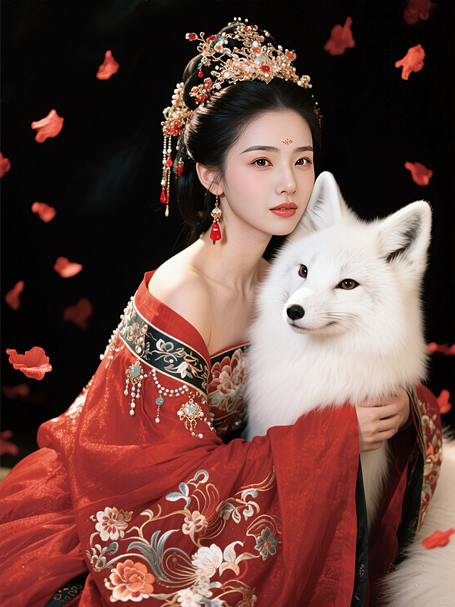 古典中式风格，唯美的工笔风刺绣服饰，拟人化的白狐相伴，超现实主义的花瓣飘落。