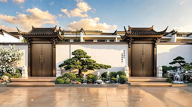 保持整体构图、建筑结构、植物、水景、石狮、背景建筑和天空完全不变，仅修改两扇大门：1. 大门上的菱形纹理调小，更密集精细；2. 所有金属材质（大门、门框、门拉手、屋顶金属装饰）颜色统一为深咖啡金；3. 日光效果，金属反光真实合理，细节真实自然，超级写实的质感，超高清，摄影级真实感