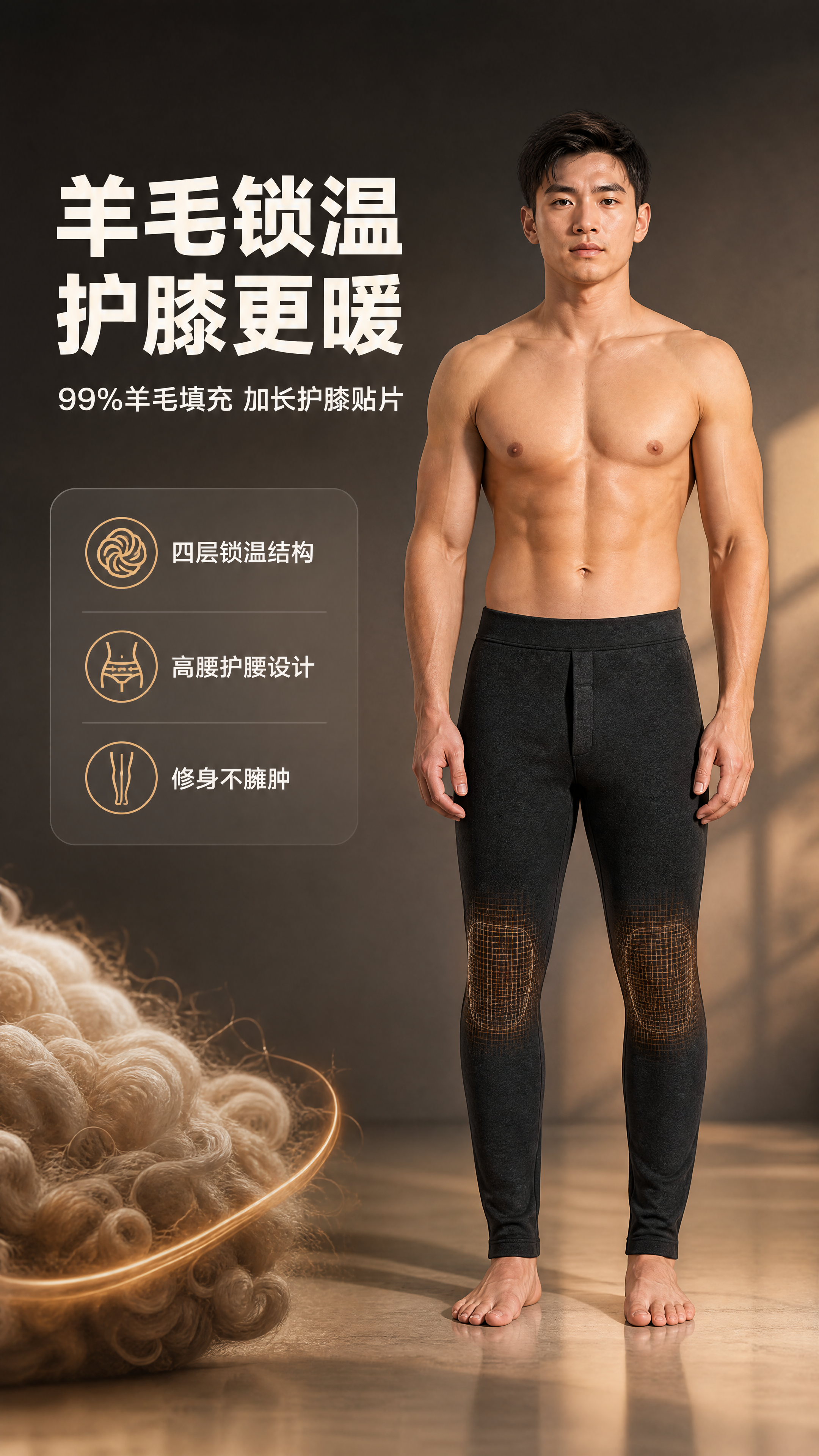[商品] 使用【图6】男款黑灰色羊毛保暖裤正面模特图；商品处理… - 图片创意预览