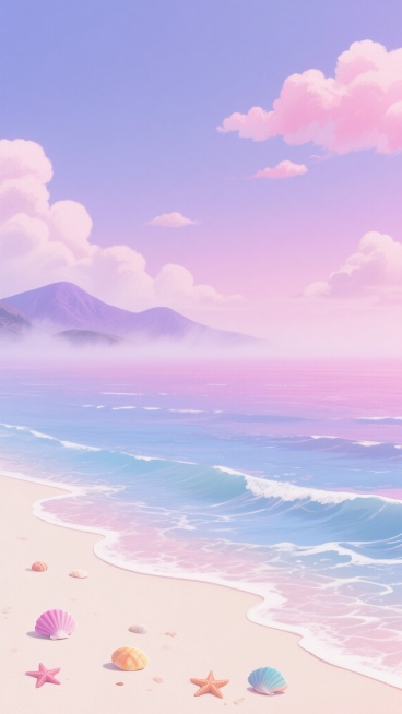 梦幻插画风格的海边风景，柔和的粉紫色渐变天空下，平静的海面呈现出梦幻的粉蓝色调，海浪轻轻拍打着带有细腻纹理的米白色沙滩，沙滩上散落着几颗彩色贝壳和海星作为点缀，远处是被淡紫色雾气笼罩的连绵山脉，天空中漂浮着蓬松的粉色云朵，整体营造出浪漫、宁静而又充满童话色彩的氛围。预览效果