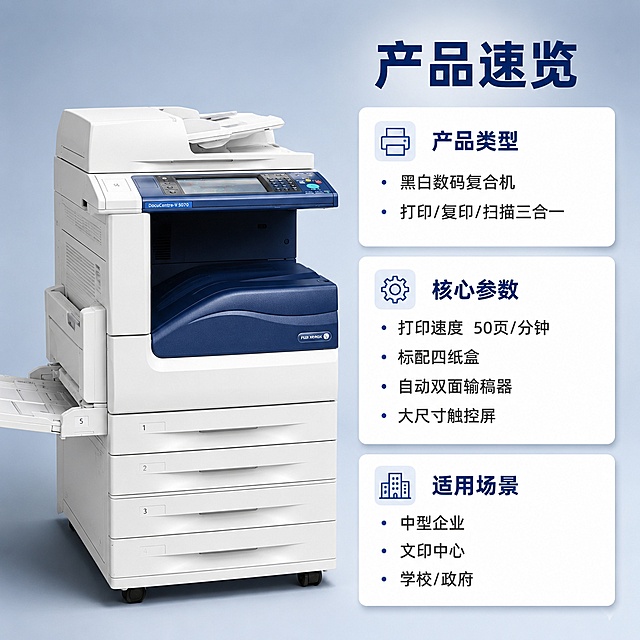 [主图-5] 规格参数与适用场景决策图，帮助用户快速了解产品定位。
[氛围风格] 清晰信息图风格，专业规整，便于快速阅读；
[画质] 商业信息图质感、排版规整、产品清晰、文字易读；
[元素] 画面左侧为富士施乐5070复合机的侧面45度视角完整展示，保持产品外观颜色结构与输入图一致，占画面约50%。右侧为规格信息区，用分组卡片形式呈现：上方卡片为"产品类型"组，标注"黑白数码复合机"、"打印/复印/扫描三合一"；中间卡片为"核心参数"组，标注"打印速度 50页/分钟"、"标配四纸盒"、"自动双面输稿器"、"大尺寸触控屏"；下方卡片为"适用场景"组，标注"中型企业"、"文印中心"、"学校/政府"。背景为浅蓝灰色渐变，卡片为白色圆角矩形，有轻微阴影。
[光影] 左前主光照亮产品，右侧信息区均匀明亮，整体光线柔和，产品有自然投影。
[配色] 主色浅蓝灰背景；辅色白色卡片+深蓝色标题+深灰色参数文字+品牌蓝点缀。
[视角构图] 左产品右信息的左右布局，信息区三张卡片纵向等距排列，视觉平衡。
[文字版式] 右侧信息区顶部主标题"产品速览"，深蓝色大号粗体。每张卡片左上角有小图标+卡片标题，如"产品类型"、"核心参数"、"适用场景"，标题为深蓝色中号粗体；卡片内参数为深灰色常规字体，左对齐，每项前有小圆点标记。字体为现代无衬线体，层级分明。
[输出要求] 1:1比例，文字清晰可辨，超高清信息图质感；
[负向提示词] 变形，文字错乱，产品模糊，水印，电商平台Logo，多余装饰元素。