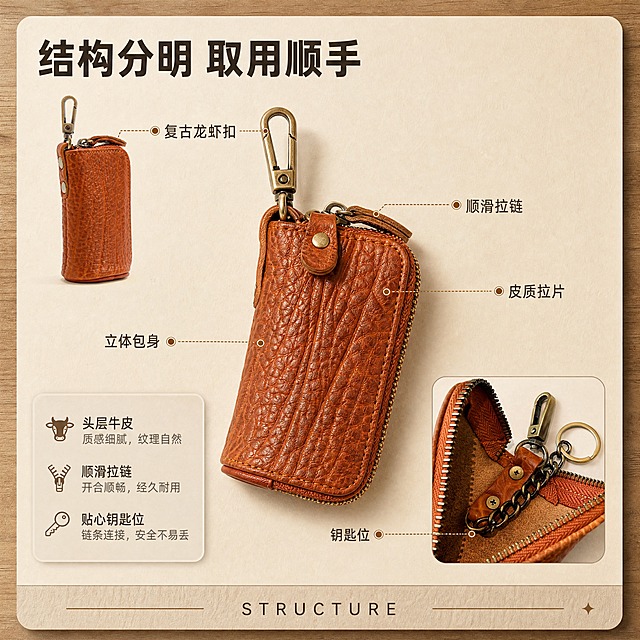 [商品] 使用【图1】棕色款正面、【图2】侧面、【图7】内部结构；保留包型轮廓、顶部龙虾扣、拉链、皮拉片、内部链条与里衬；自然理顺皮面与里衬，增强皮纹与五金质感，不改变结构比例。
[画面] 目标=包型结构解析页；构图=中央大图正面展示占55%，左上角侧面小图、右下角内部小图，引线与短标签标注；背景=浅木纹+米白卡片，非纯白底；景别=中景+特写组合；阅读动线=中心产品→引线标签。
[视觉] 套系策略：风格=轻奢复古商务皮具摄影，暖调编辑排版；标题字=现代粗黑体；正文字=细黑体；主色=暖驼棕；背景延展=米白纸张、浅木纹、暖灰渐变与皮革质感；强调色=复古铜金，仅用于小面积引线、标签、图标与局部光效；标题色=深咖啡；正文色=暖灰棕；组件=细线引线、圆角浅底信息卡、小标签、英文角标；光影=右前侧暖柔光，轻复古。标题版式=顶部左侧横排标题，引线标签为小号横排文字+复古铜金圆点，底部留白放英文角标“STRUCTURE”。
[文字] 主标题“结构分明 取用顺手”，标签“复古龙虾扣”“顺滑拉链”“皮质拉片”“立体包身”“钥匙位”；全部横排，不遮挡中央产品主体。
[规格] 图片比例1:1正方形（宽高1024×1024），4K，避免变形、错字、文字过小、竖排文字、水印、二维码、平台Logo、冷蓝冷灰背景、颜色改变、包型失真、非牛皮质感。