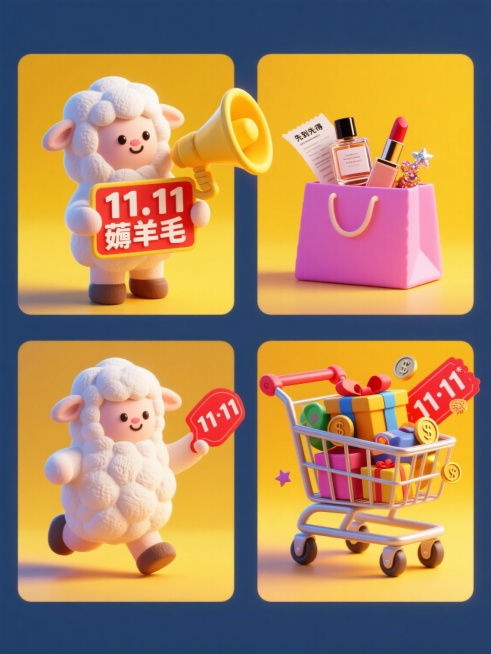 一套4个规整排布的双11促销素材，上下两行，排列整齐。元素分别是：第一个拟人化的白色小羊（双手拿着一个“11.11 薅羊毛”牌子）；第二个是黄色喇叭（旁边有”先到先得” 字样广告语）；第三个是粉色购物预览效果