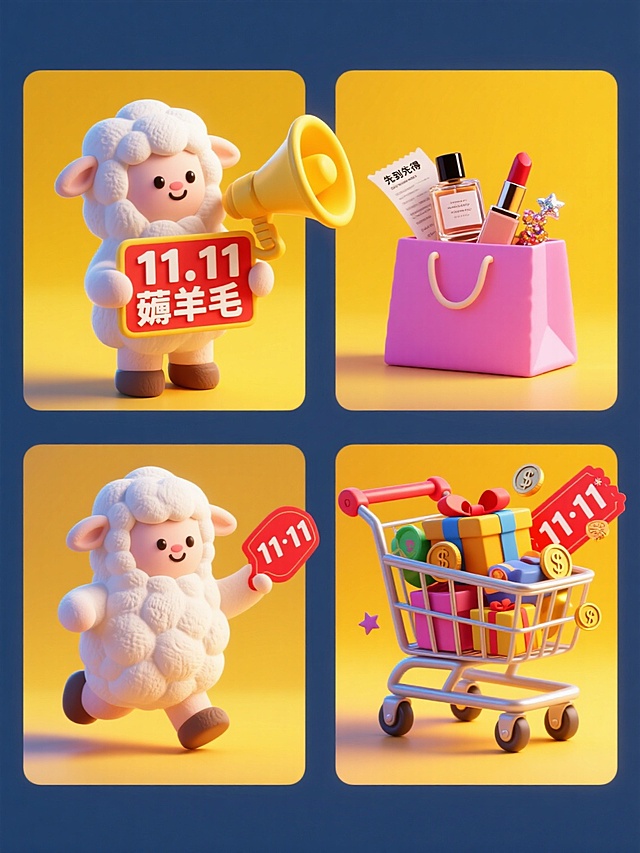 一套4个规整排布的双11促销素材，上下两行，排列整齐。元素分别是：第一个拟人化的白色小羊（双手拿着一个“11.11 薅羊毛”牌子）；第二个是黄色喇叭（旁边有”先到先得” 字样广告语）；第三个是粉色购物袋（内有化妆品瓶罐、口红、香水、购物小票和闪亮饰品）；第四个是会跑的购物车（装满彩色礼物盒、星星、美元，硬币和红色的“11·11”代金券）；黄色背景