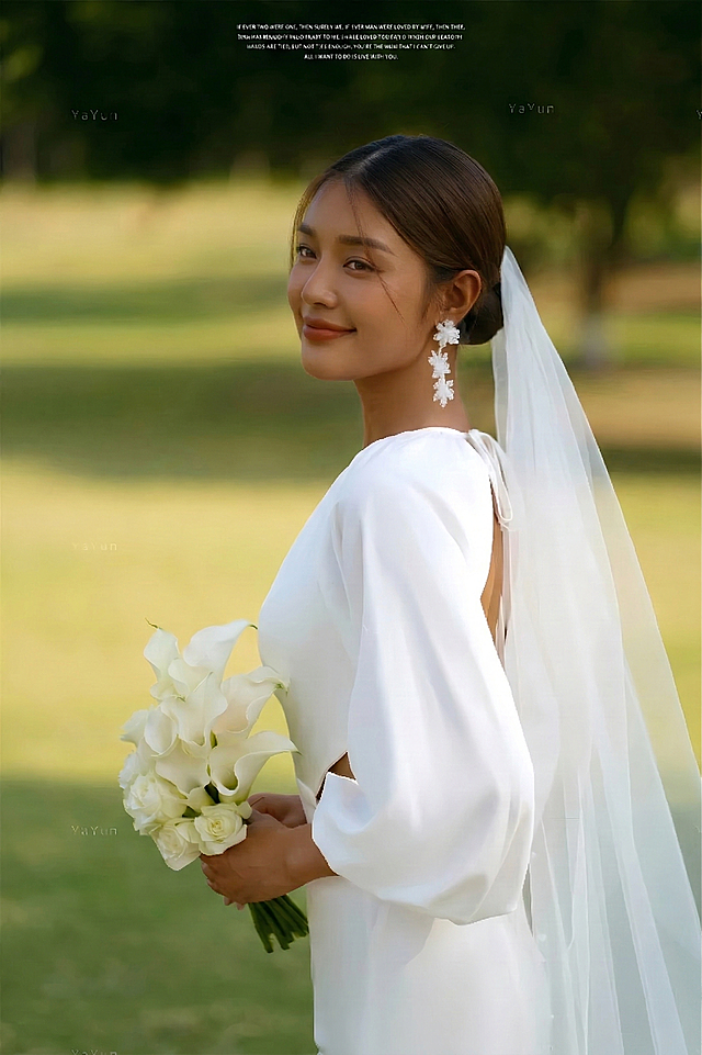 将图中新娘的肤色调整为更暗沉的色调，脸部轮廓适当加宽，保持图片其他内容不变