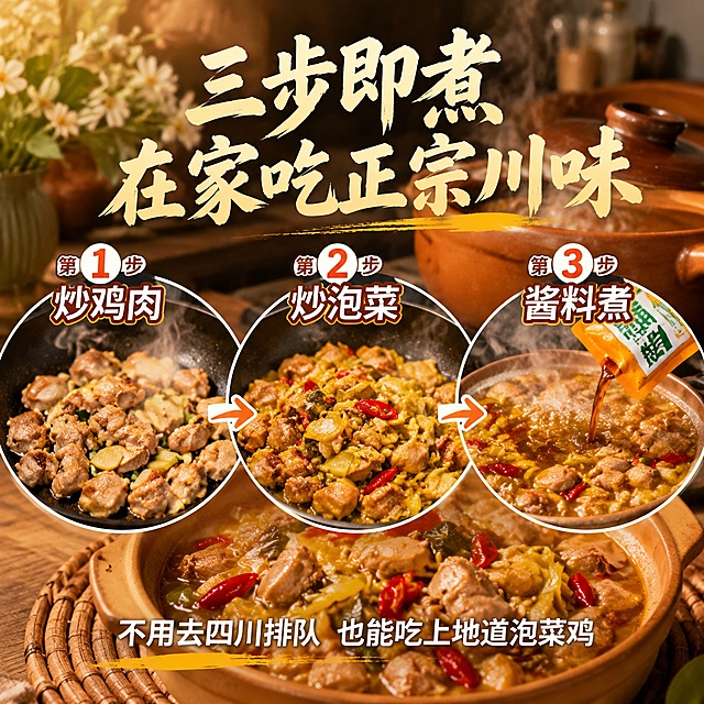 四川泡菜鸡火锅三步烹饪流程主图，画中画拼图版式。画面背景为暖调厨房场景，虚化的原木餐桌与砂锅。主体由三个圆形画中画横向排列组成，分别展示三步烹饪：第一步「炒鸡肉」——锅中翻炒的鲜嫩鸡块，配文字「第1步 炒鸡肉」；第二步「炒泡菜」——泡菜与鸡肉同炒，酸香四溢，配文字「第2步 炒泡菜」；第三步「加酱料煮」——加入酱料包与清水煮沸，热气腾腾，配文字「第3步 酱料煮」。三个画中画下方有箭头连接表示流程顺序。顶部大字主标题「三步即煮 在家吃正宗川味」，底部小字「不用去四川排队 也能吃上地道泡菜鸡」。整体暖黄色调，光影统一柔和，画中画内食物真实诱人。画面满版无边框，版式清晰有层次。1:1正方形构图，超高清商业美食摄影质感。
