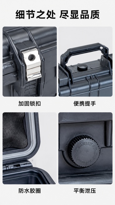 [第7屏] 细节部位特写展示，多功能安全防护箱的锁扣、提手、密封胶条细节。本屏使用【图2】和【图3】细节。
[氛围/风格] 微距细节展示，突出工艺品质，高清商业摄影。
[元素布局] 2×2四宫格布局，预览效果