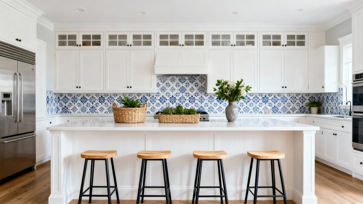 现代美式风格的厨房，整体氛围清新明亮：露出白色平坦天花板，整体画面居中对称，
布局：以白色橱柜为主，搭配长方形浅白色台面的中岛，下方是四把带黑色金属框架的浅原木色木质吧凳，实用又美观。
装饰：墙面铺有预览效果