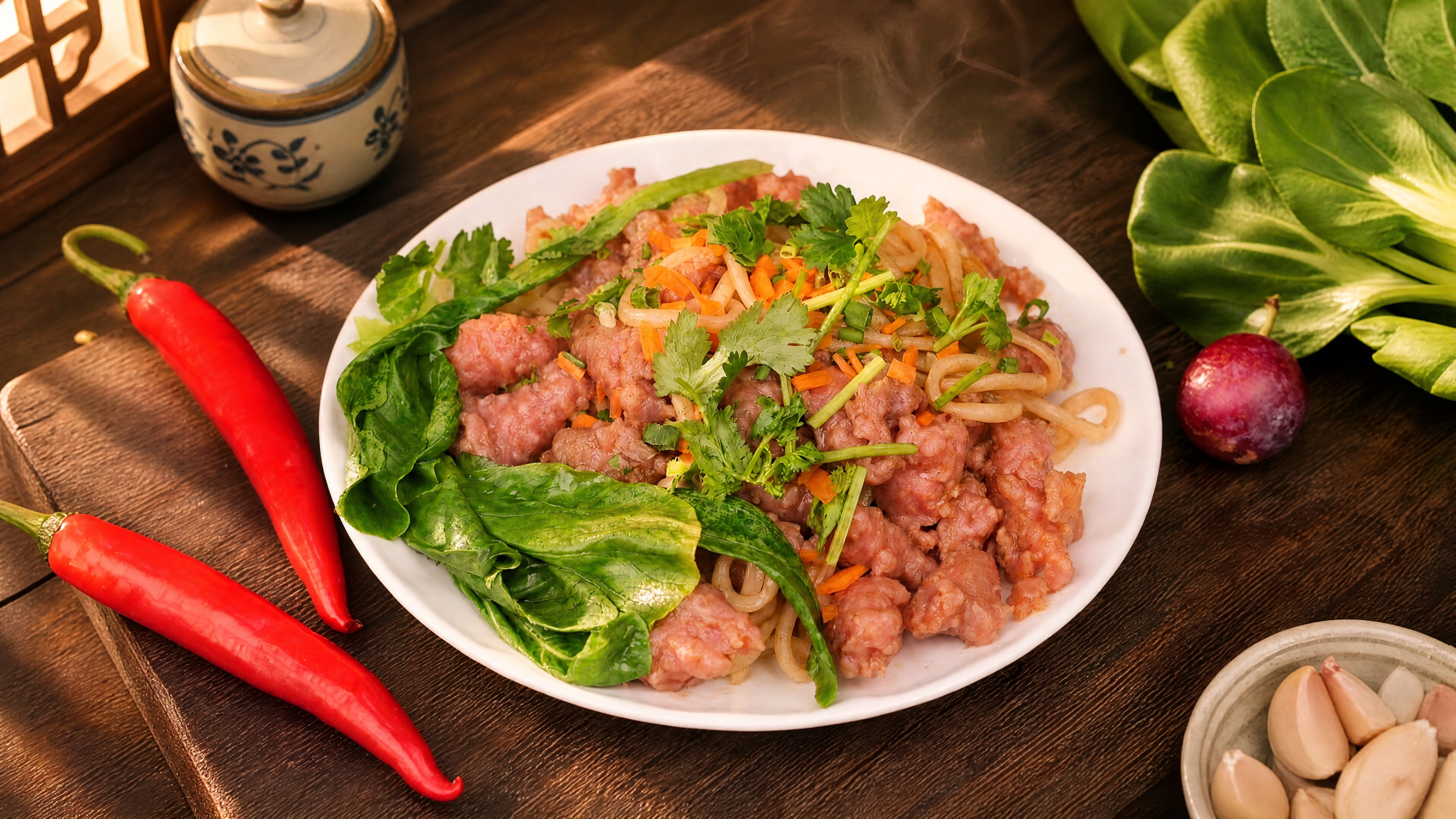 肉片拌面严格参照上传产品图，完整保留白盘、面条、肉片、胡萝卜丁… - 图片创意预览