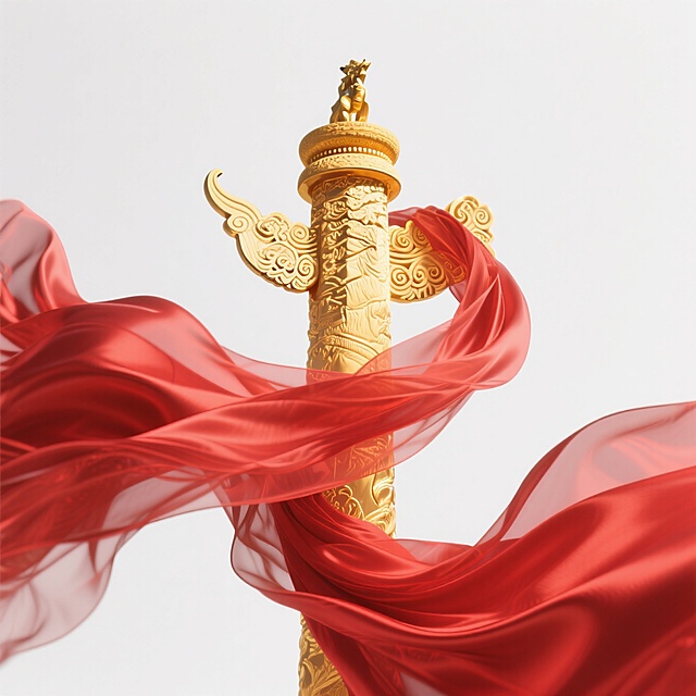 红色飘扬的绸缎缠绕着金色国家地标，白色背景