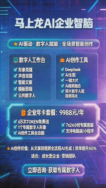 调整海报套餐区域排版，将"7X24小时专属客服"和"支持电脑端/小程序"移动到"AI创作工具全功能"下方，改为左列竖排排列，保持所有文字内容、对勾图标和蓝紫色科技风格不变，保持9:16比例，布局协调自预览效果