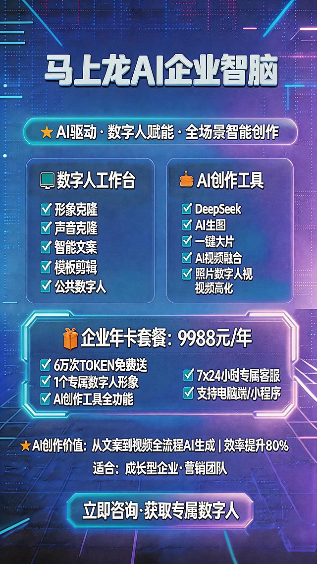 调整海报套餐区域排版，将"7X24小时专属客服"和"支持电脑端/小程序"移动到"AI创作工具全功能"下方，改为左列竖排排列，保持所有文字内容、对勾图标和蓝紫色科技风格不变，保持9:16比例，布局协调自然。