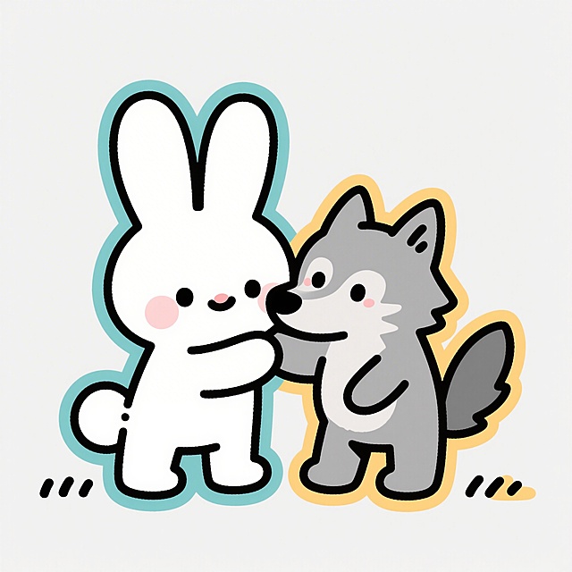 卡通版的小白兔和大灰狼在一起的简笔画，线条简单，可爱风格，背景干净