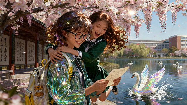 中景，明快色调，写实带奇幻氛围感，春日海棠花树下，林晓看完妈妈回信笑出梨涡，张瑶跳起来搂住林晓肩膀欢呼，小天鹅扑腾翅膀飞到湖面，白色翅膀溅起细碎水花，春日阳光洒落，替换张瑶为参考图的相貌特征：长棕色卷发，穿深绿色校服套装配领结，保留原动作和场景