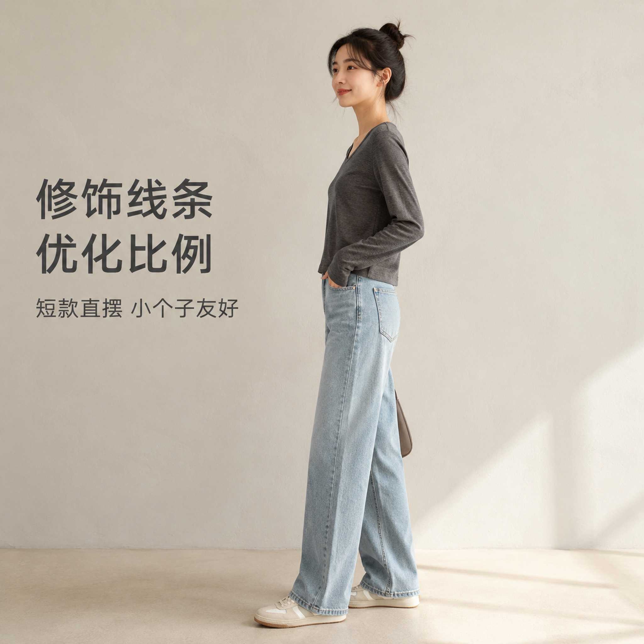 [主图-2] 麻灰V领长袖打底上衣侧面穿搭展示 [氛围风格]… - 图片创意预览