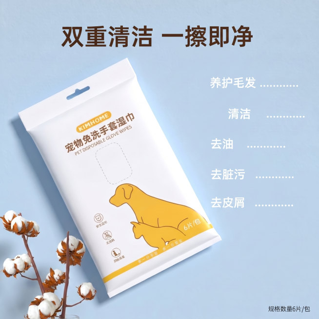 将图中的宠物手套湿巾包装顺时针旋转约60度，放到画面左侧，保持原包装所有文字内容不变，把原来左侧的文字整体平移到画面右侧展示，保持所有文字内容不变，保留左下角的棉花装饰，背景改为浅蓝色预览效果