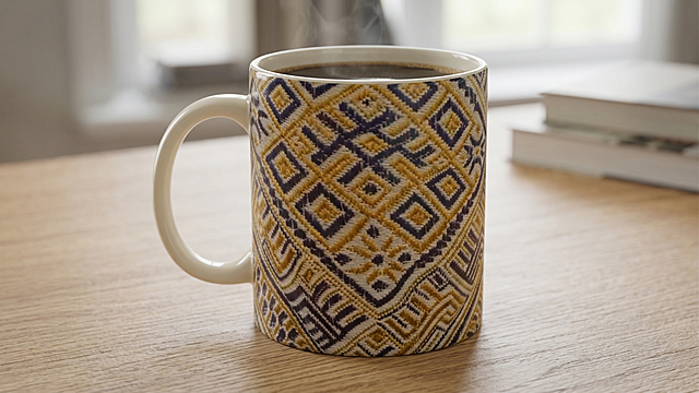 使用参考图中的菱格几何纹样设计一个陶瓷马克杯，展示马克杯放在桌面上的实物效果，保留纹样原有黄灰紫配色，风格写实，产品展示清晰