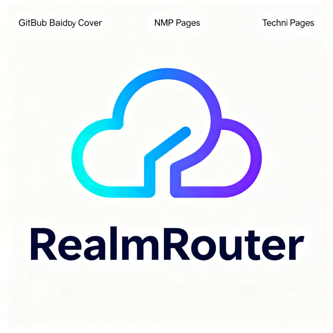 现代简约科技感Logo设计，品牌名：RealmRouter，行业：网络技术与软件开发，定位：专业、可靠、现代化。图形元素为云的创意变形，极简线条构成，不可复杂。主色调蓝/紫/青渐变，背景纯白。适合Gi预览效果
