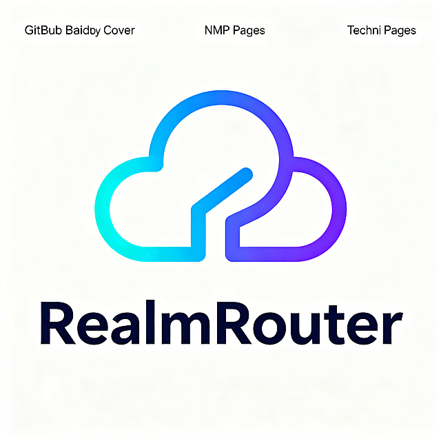 现代简约科技感Logo设计，品牌名：RealmRouter，行业：网络技术与软件开发，定位：专业、可靠、现代化。图形元素为云的创意变形，极简线条构成，不可复杂。主色调蓝/紫/青渐变，背景纯白。适合GitHub封面、NPM页面、技术文档网站等场景。字体清晰现代，整体干净利落，不超过3种颜色。