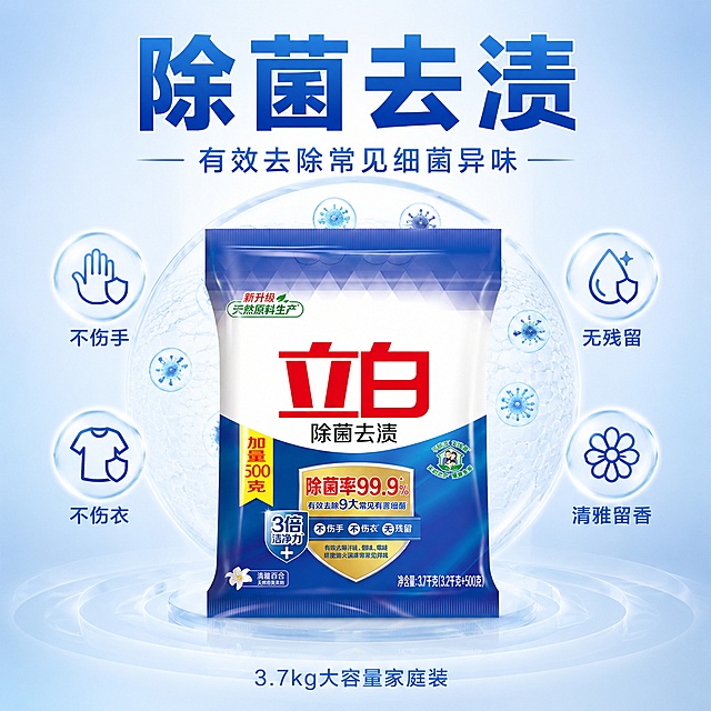 [主图-2] 立白除菌去渍洗衣粉核心功效卖点展示图。
氛围风格：专业可信，干净清爽，轻科技感。
画质：商业摄影质感，光线柔和通透，产品清晰真实，画面干净高级。
元素：立白洗衣粉产品主体居中放置，保持产品外观，物理结构，材质质感，颜色与输入产品图绝对一致，杜绝任何变形和色差，精细化处理。画面背景为纯净浅蓝渐变，整体干净通透，中部用简单可视化图示展示除菌原理，周围环绕核心功效点。商品主体占比约60%，画面无多余杂乱元素。
光影：均匀柔和的影棚布光，产品清晰，无死黑阴影，整体明亮通透。
配色：主色调浅蓝与白色，搭配产品原红金色点缀，干净专业。
视角构图：平视居中，主体突出。
文字版式：顶部大标题写除菌去渍，蓝色粗体，副标题写有效去除常见细菌异味，下方产品居中，产品周围环绕四个核心卖点，每个卖点配简洁图标，依次为「不伤手」「不伤衣」「无残留」「清雅留香」，图标+文字组合整齐排列，文字清晰，对比明显，不遮挡主体。底部标注3.7kg大容量家庭装，浅蓝色小字，排版整齐。
比例分辨率：1:1比例，2048px*2048px，文字清晰锐利，超高清。
负向提示词：变形，文字错乱，产品图模糊，背景杂乱，水印，电商平台Logo，重医药风。